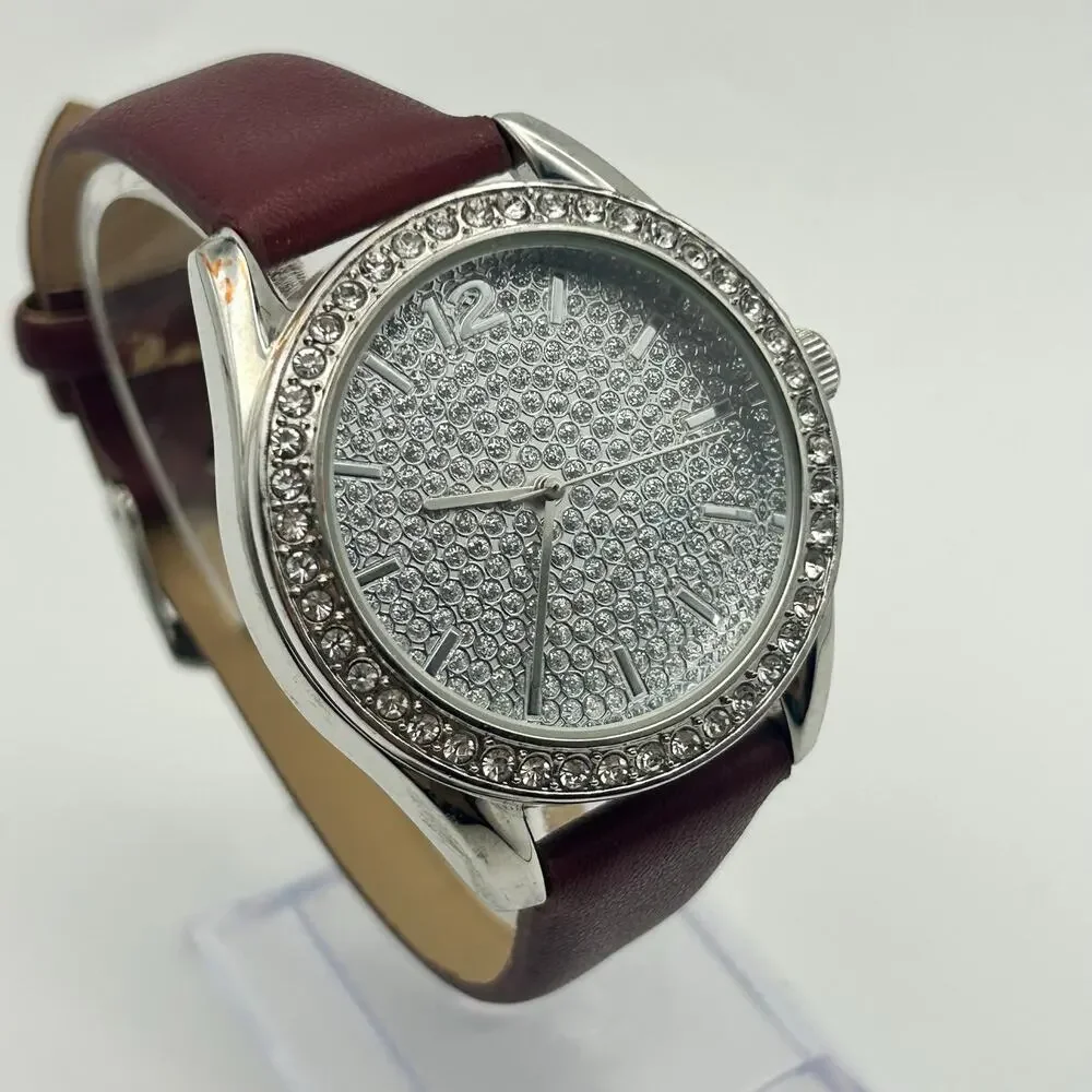 Women’s Silver-tone Dazzling Rhinestone Encrusted Dial Brown Leather Watch